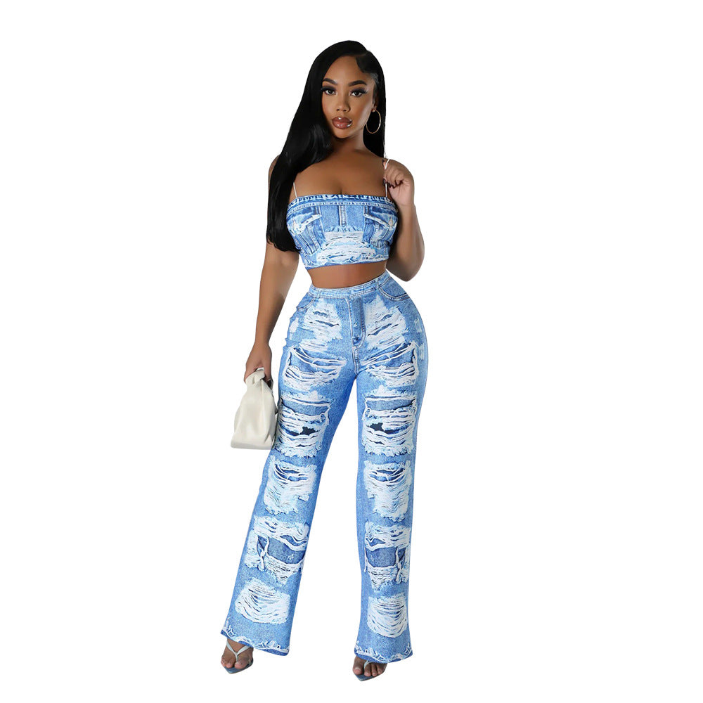 Sexy Fashion Print Strap Top Slim Flared Trousers Two-Piece Set 7