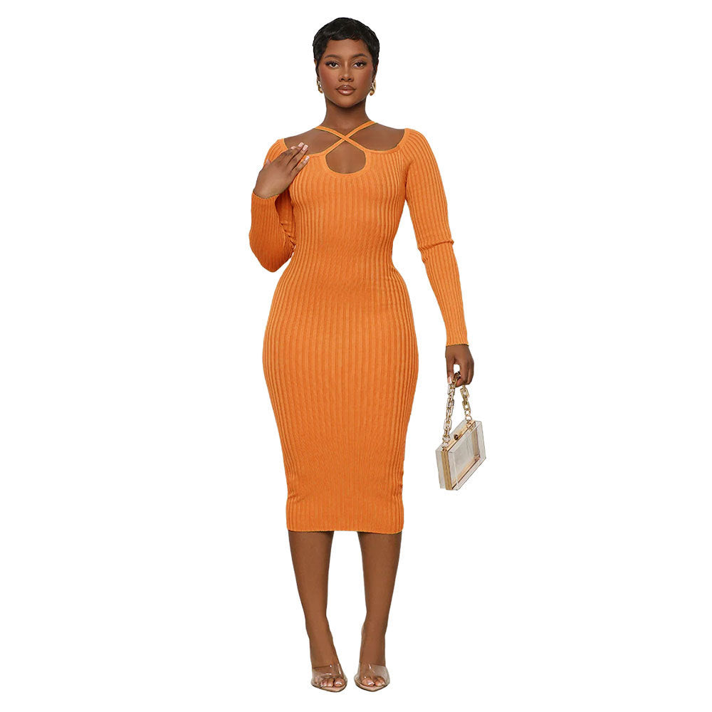 Autumn And Winter Long-Sleeved Chic Slim Sexy Halter Neck Knitting Bodycon Women's Dress 9