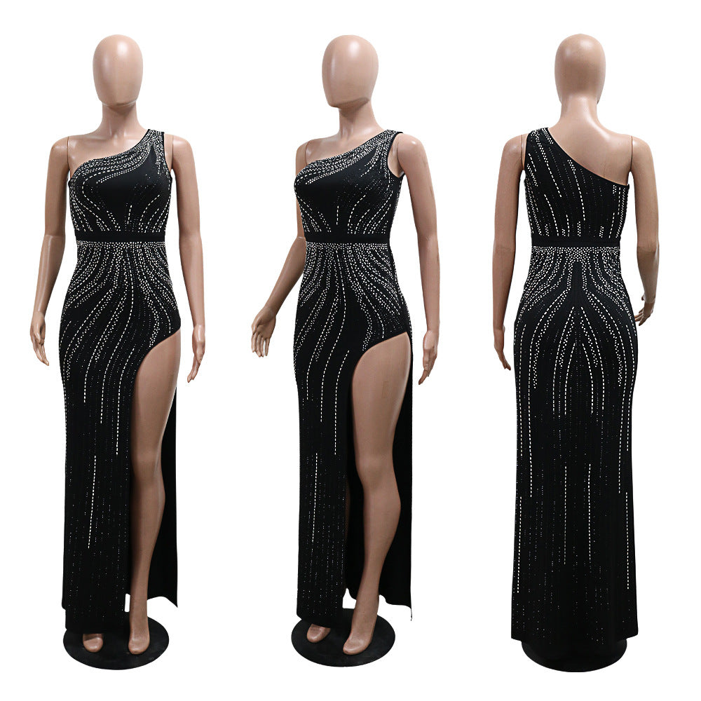 Women Sexy Slash Shoulder Beaded Slit Dress 17