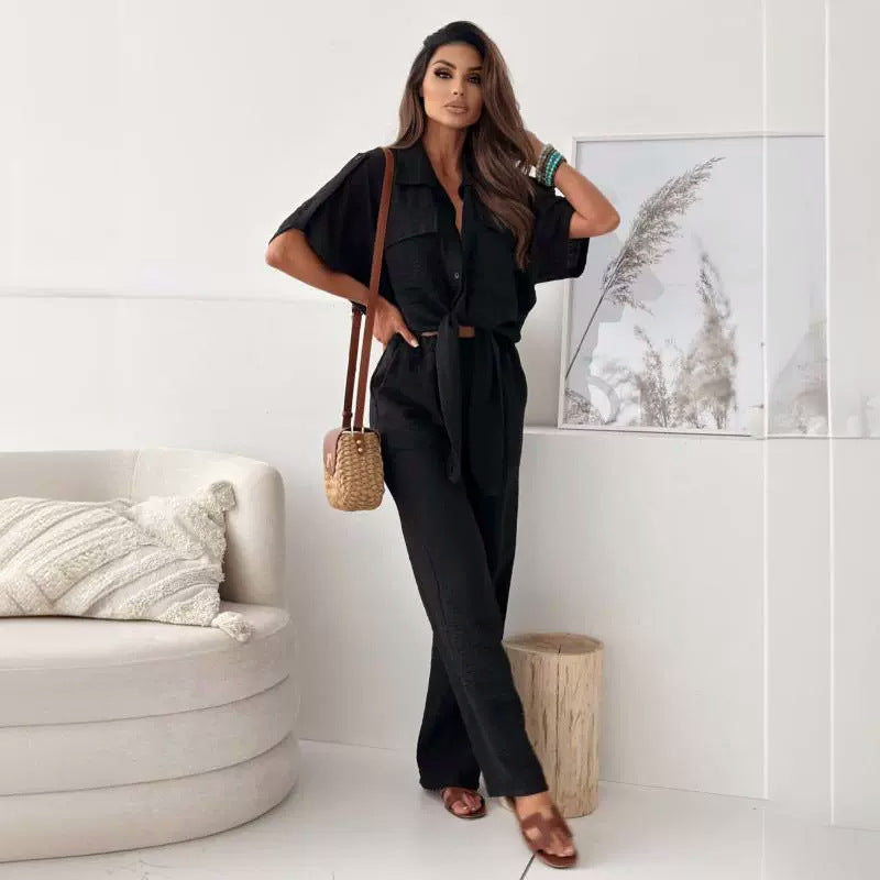 Summer Women Turndown Collar Pocket Single Breasted Lace Up Short Sleeve Shirt And Pants Two Piece Set 6