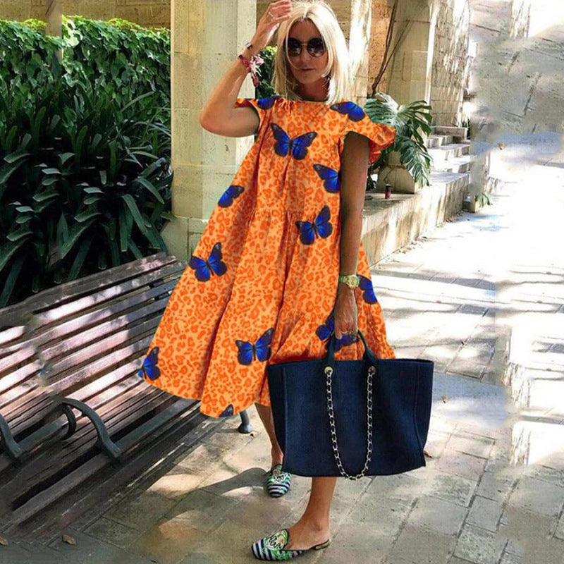 Women's Summer Plus Size Round Neck Print Casual Swing Dress 22