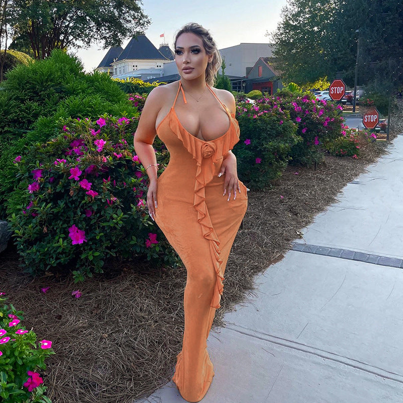 Women Sexy Holiday Backless Strap Maxi Dress with Ruffle Edge 3