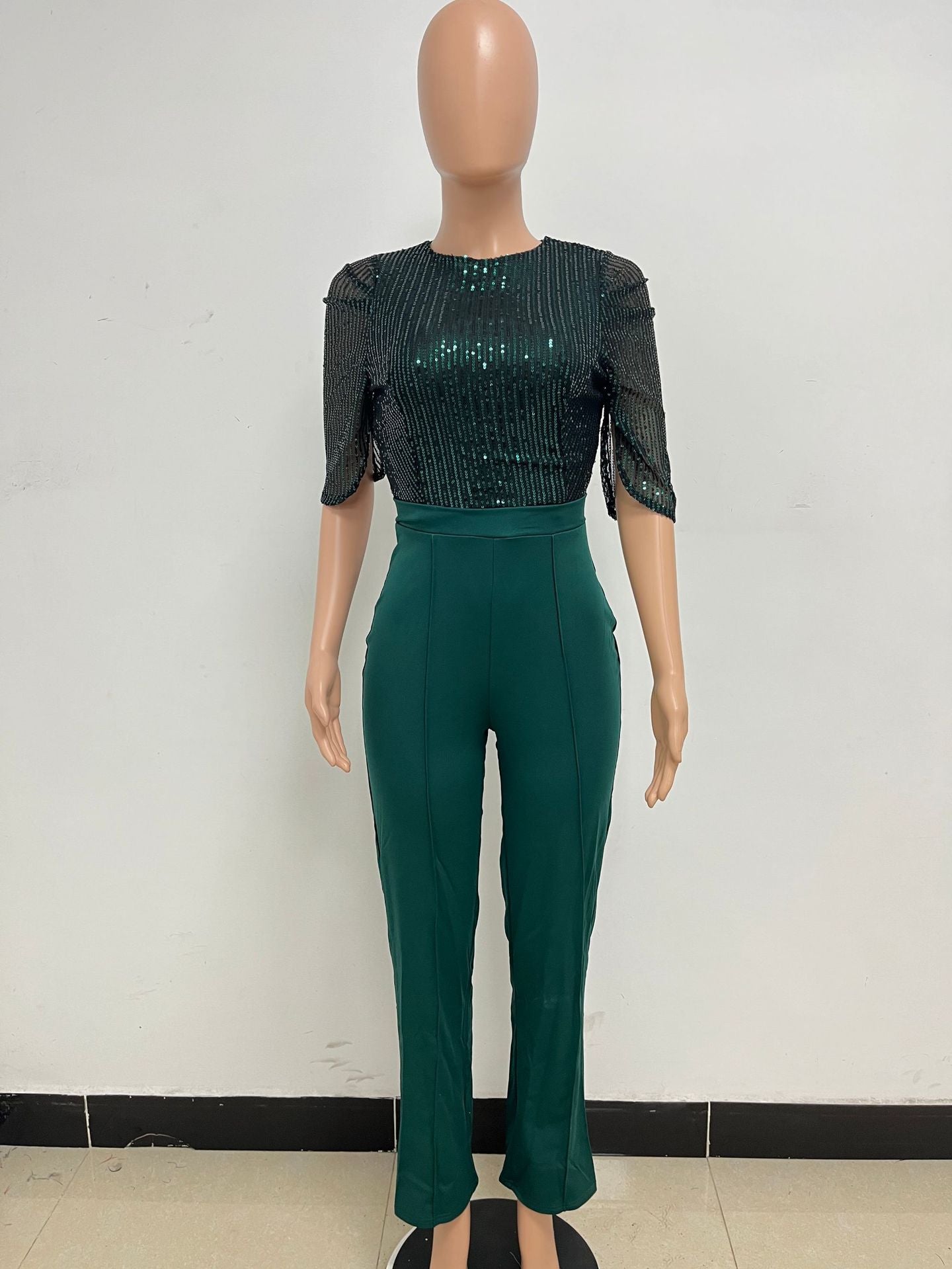 Women's Fashion Sequins Half Sleeve Wide-Leg Chic Ladies Jumpsuit 28