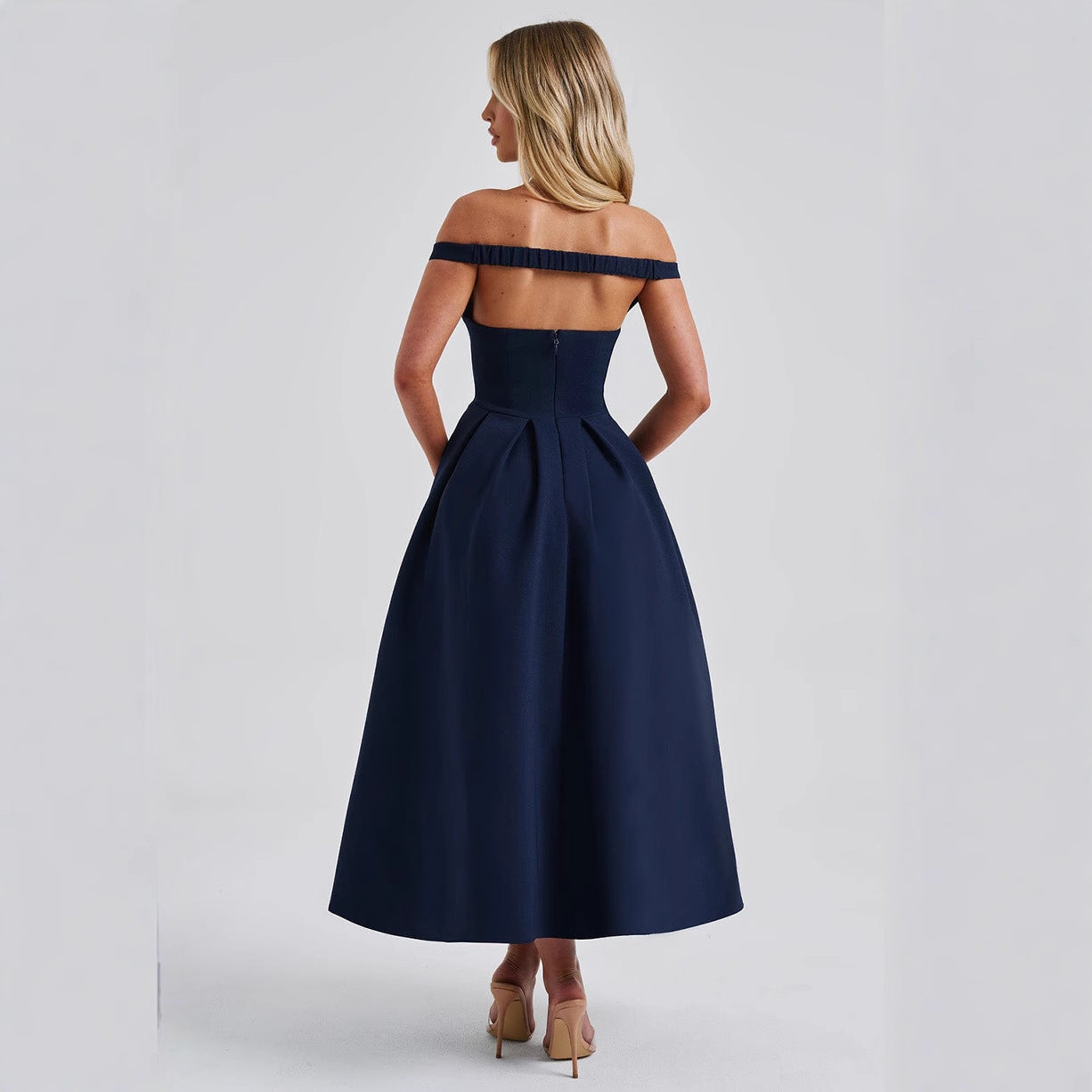 Spring Summer Women's Fashion Elegant Off Shoulder V-Neck Low Back Evening Dress 4