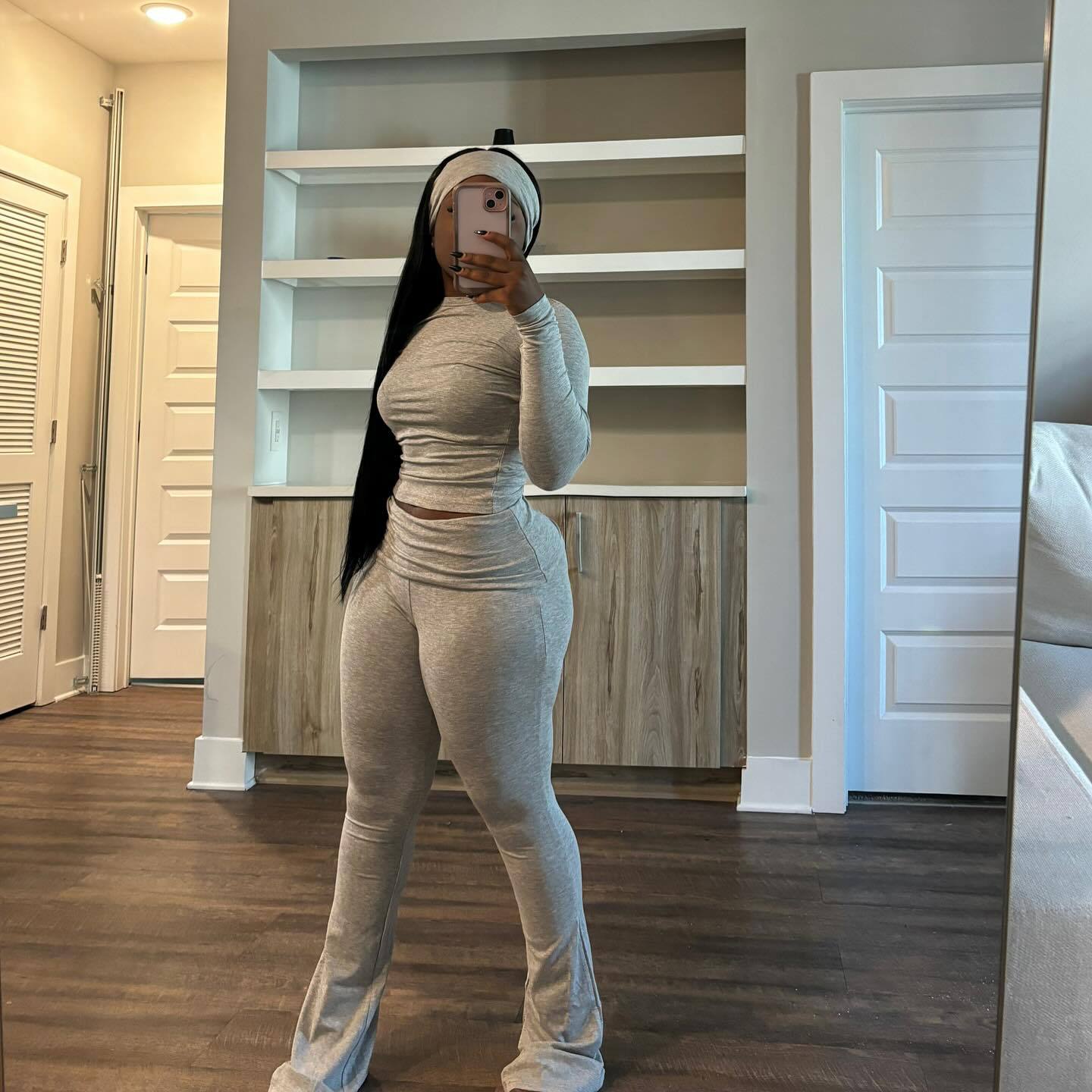 Tight Fitting Solid Color Sexy Slim Elastic Band Turban Two Piece Pants Set 6