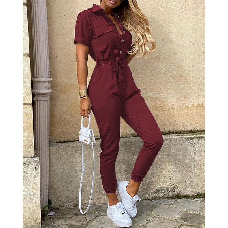 Women'S Summer Cargo Trousers Casual Turndown Collar Buttoned Printed Belt Jumpsuit 7