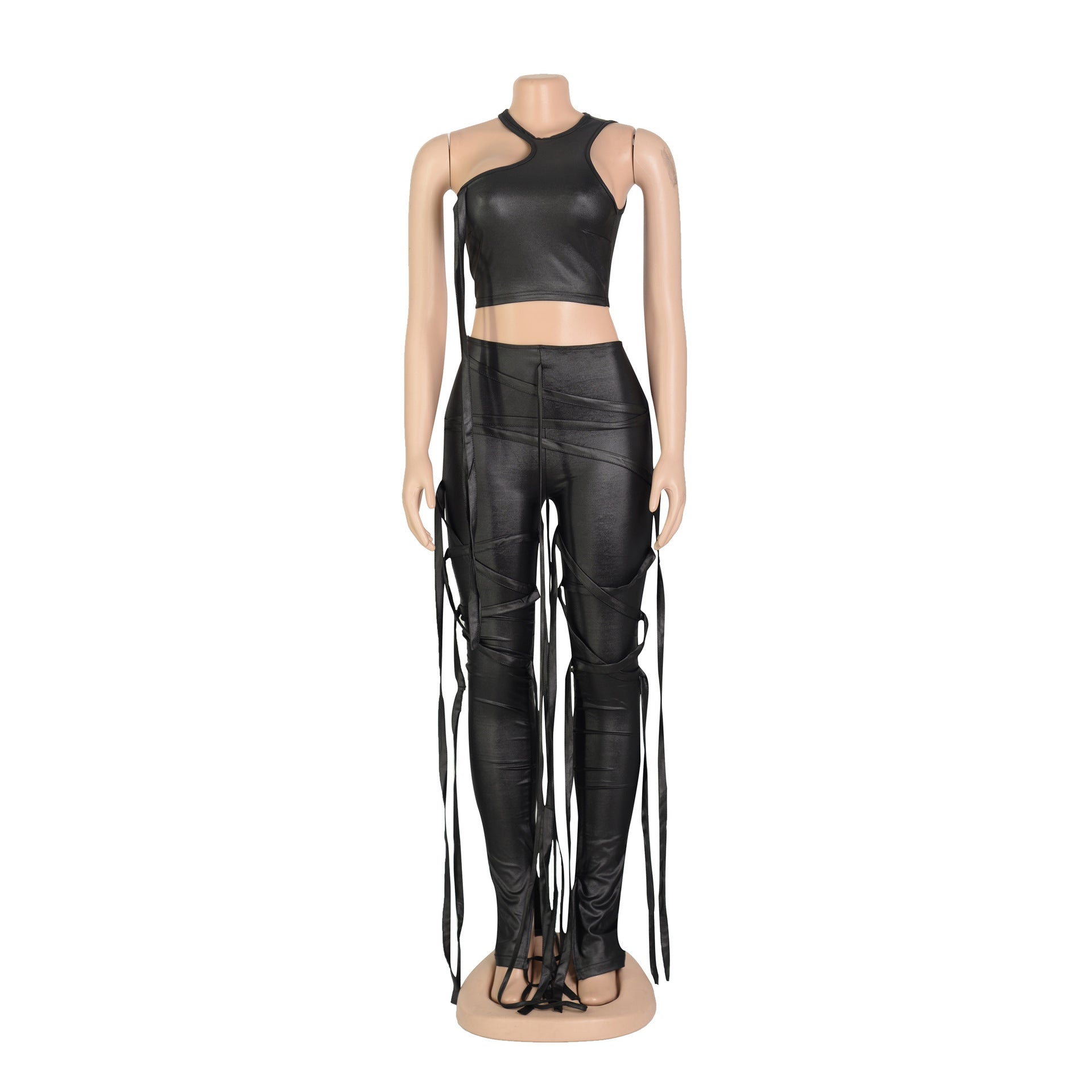 Women's Sexy Faux Leather Tank Top Lace-Up Pants Two Piece Nightclub Set 7