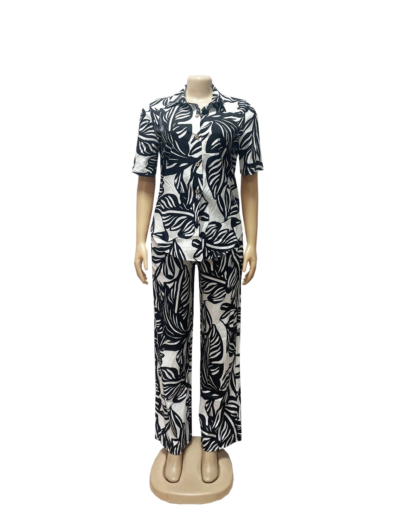 Women Summer Printed Turndown Collar Short Sleeve Top and Wide Leg Pants Two-piece Set 9