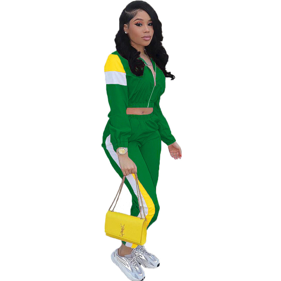 Women's Patchwork Sport Contrast Casual Tracksuit Two Piece Set 20