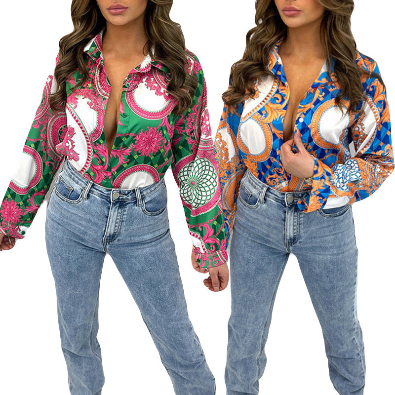 Women's Tops Spring Autumn Turndown Collar Printed Long Sleeve Button-Down Shirt