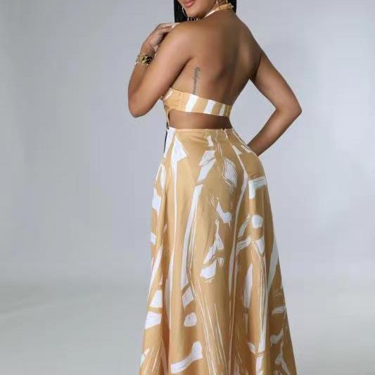 Summer Women's Back Hollow Halter Neck Evening Dress Irregular Contrast Color Sexy dress 4
