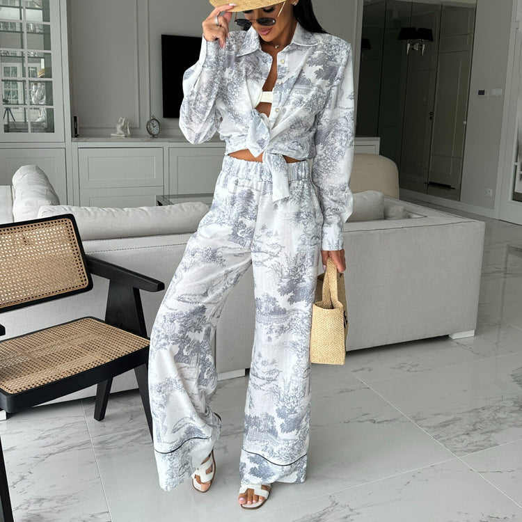 Women's Paint Print Turndown Collar Shirt High Waist Trousers Fashion Two-Piece Suit 5