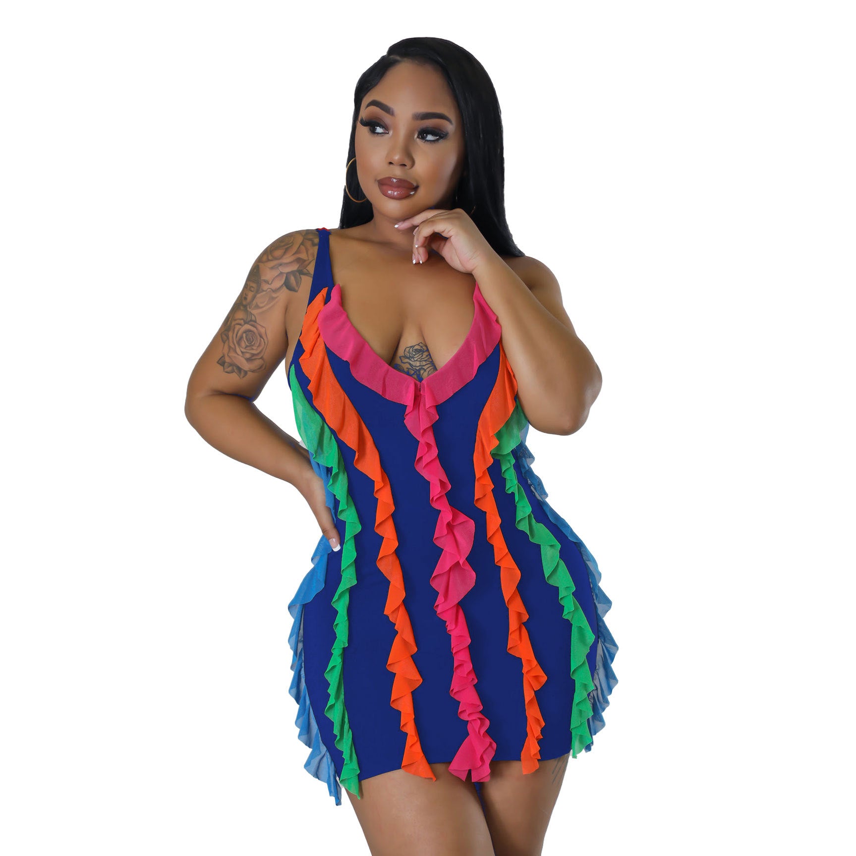 Women Contrasting Ruffles Line Irregular Mini Dress 10