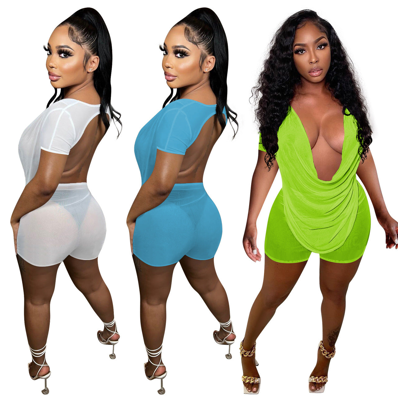 Sexy See-Through Low Back Mesh Two-Piece Shorts Set for Women 5