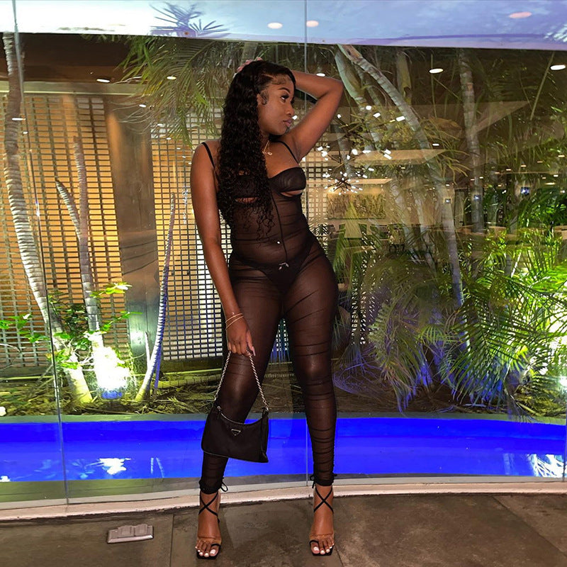 Summer Ladies Sexy Mesh See-Through Straps Pleated Fashion Chic Slim Jumpsuit 9