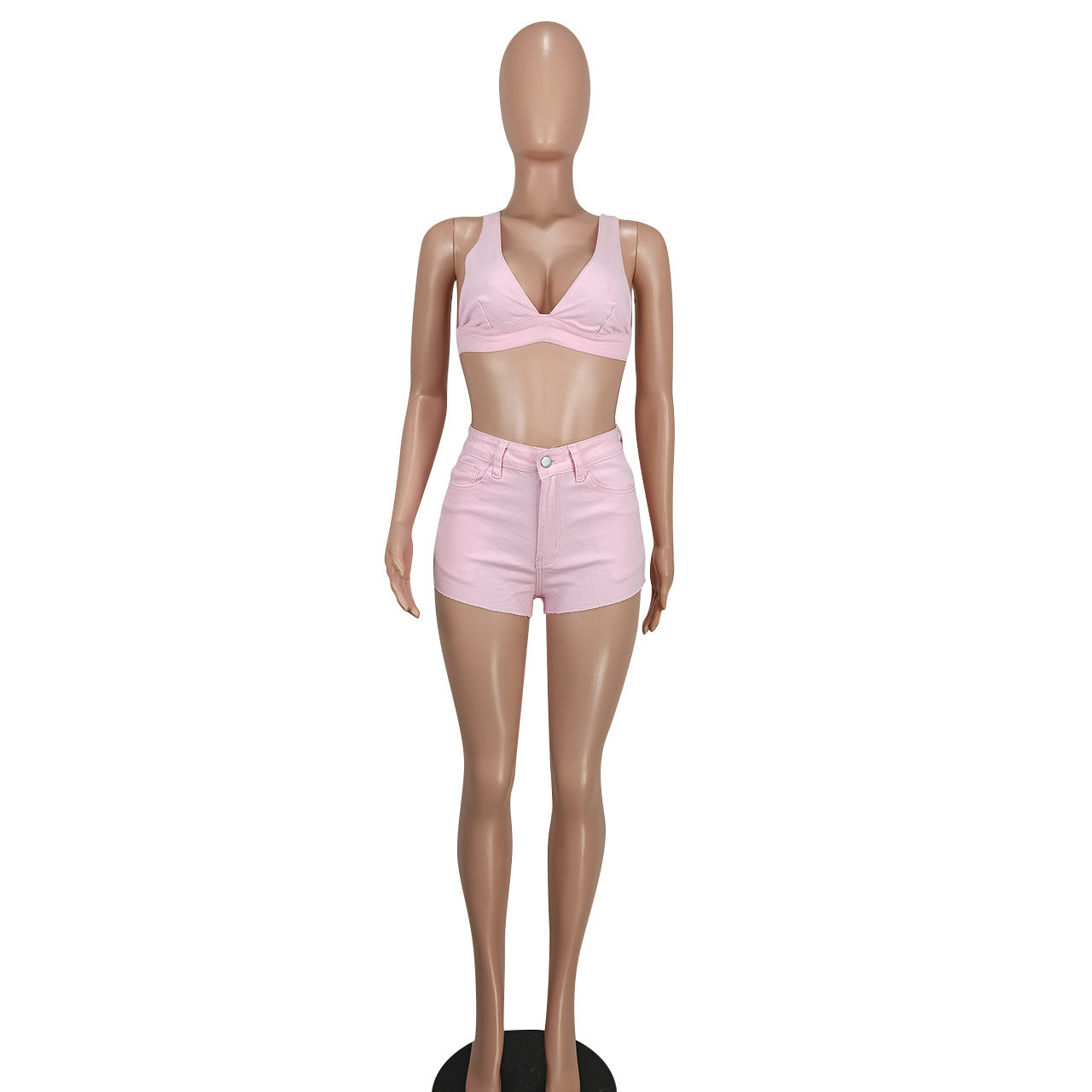 Ladies Fashion Sexy Solid Color Denim Two-Piece Shorts Set 9