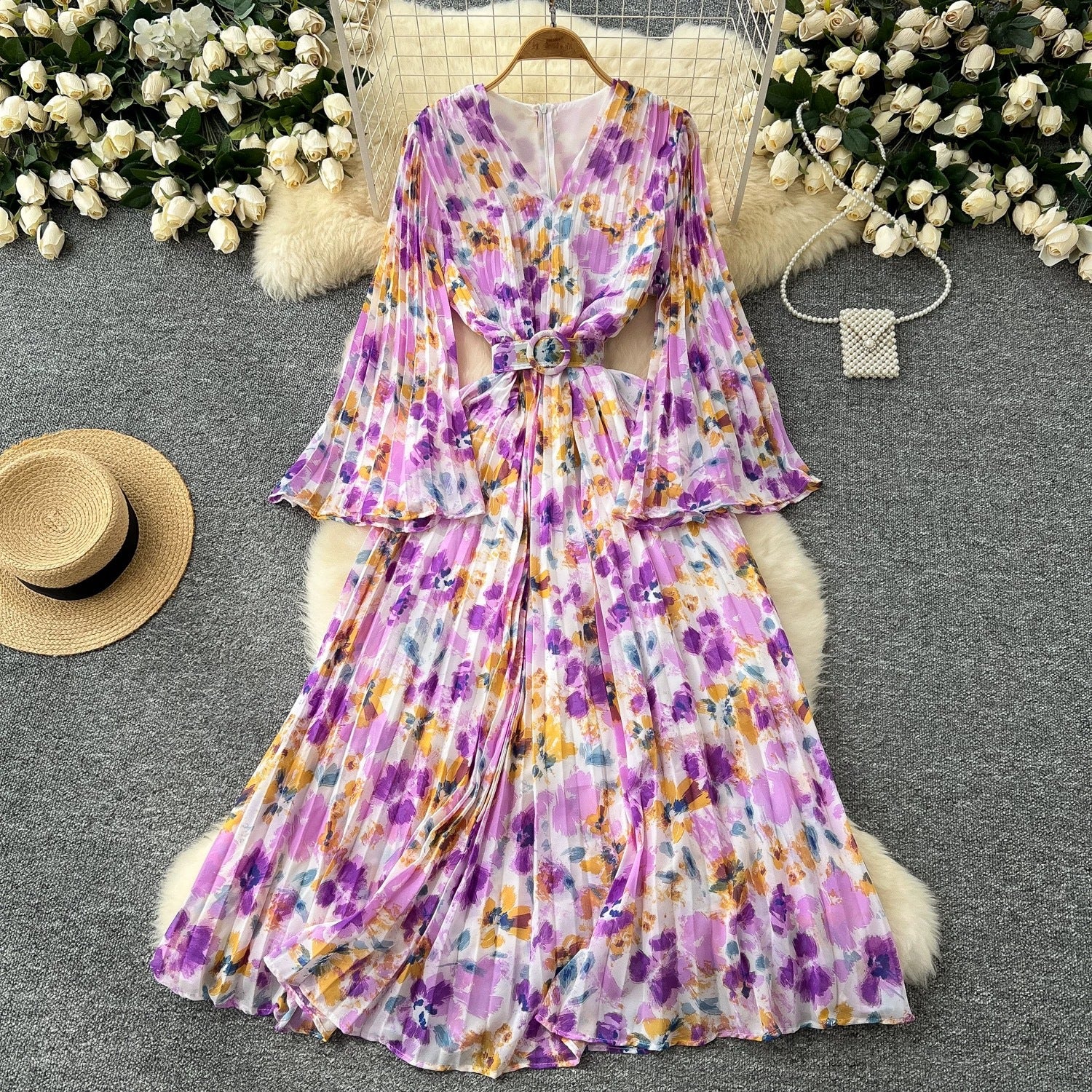 V-Neck Bell Bottom Long Sleeve Print Chiffon Dress Autumn Slim Waist  Chic Knee-Length Dress 4