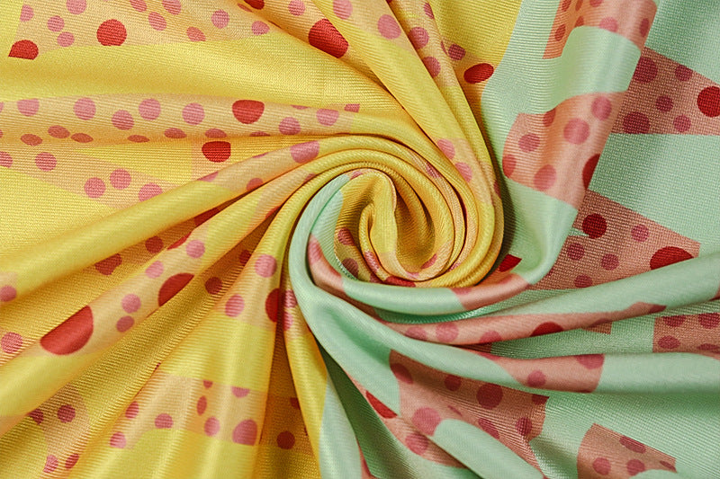 Printed Chic Women's Slim Waist High-Neck Long-Sleeve Sheer Patchwork Long Dress 16