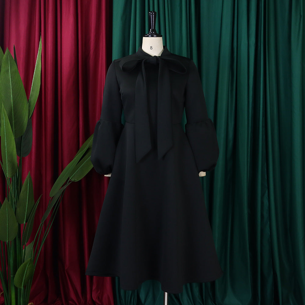 Women's Puff Sleeve Bow Tied High Waist A-Line Party Dress 34