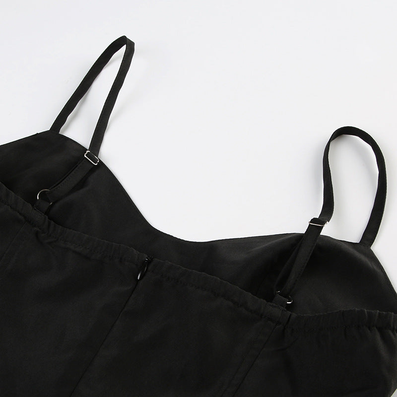 Chic Solid Color Black Strap Slim A-Line Long Dress 7