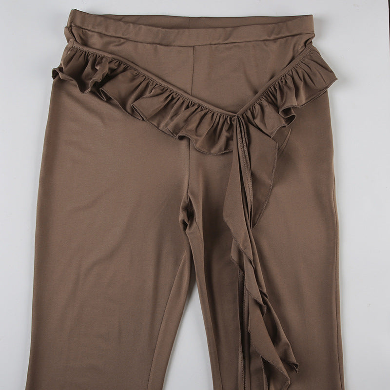 Autumn Fashion Casual Women's Solid Color Ruffled Ribbon Knitting Slim Flared Trousers 10