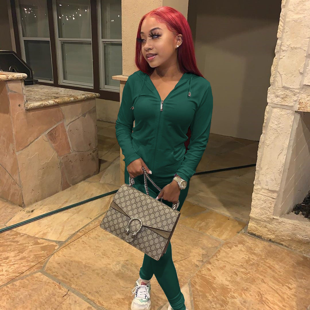 Women Summer Sports Hooded Full Sleeves Solid Pockets Regular Two Piece Pants Set 8