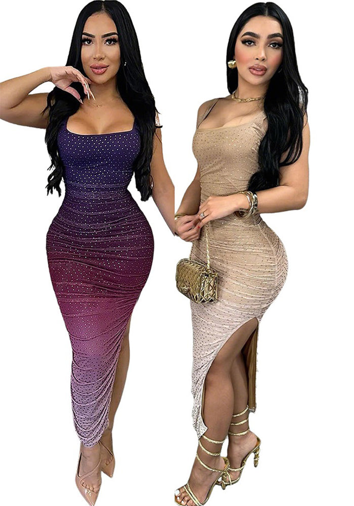 Women's Summer Sexy Low Back Beaded Bodycon Slit Dress