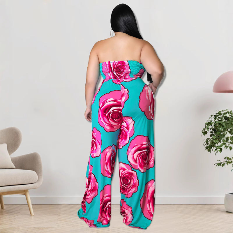Plus Size Women summer sleeveless rose flower Strapless Jumpsuit