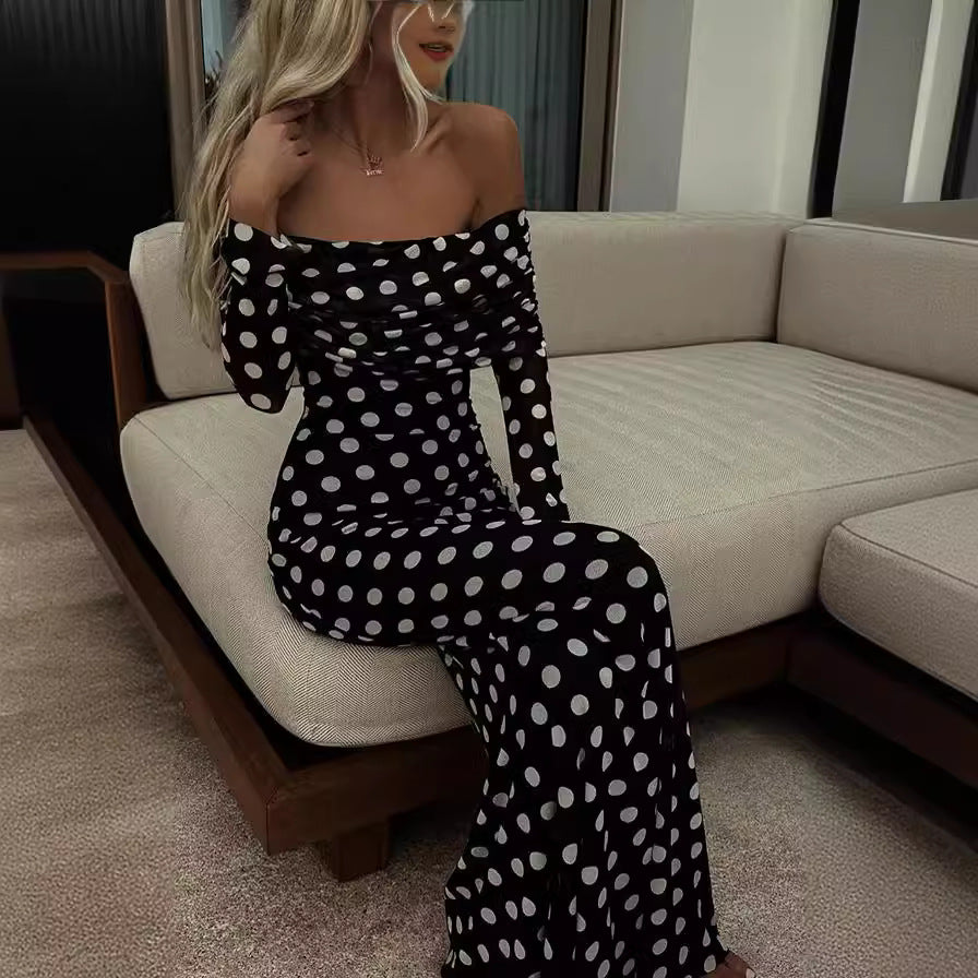Women Spring Summer Mesh Polka Dot Off Shoulder Dress