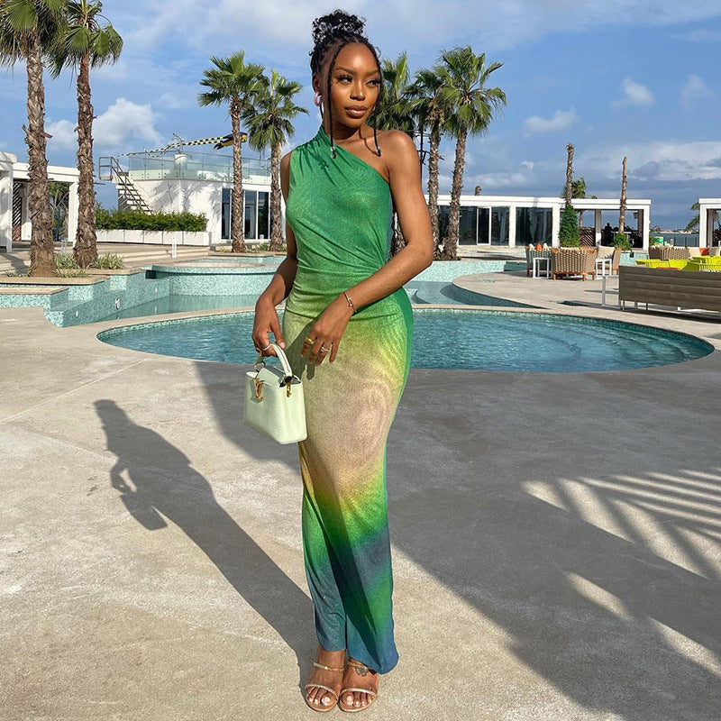 Fashionable Print Sexy Slash Shoulder Sleeveless Gradient Color Trendy Long Dress