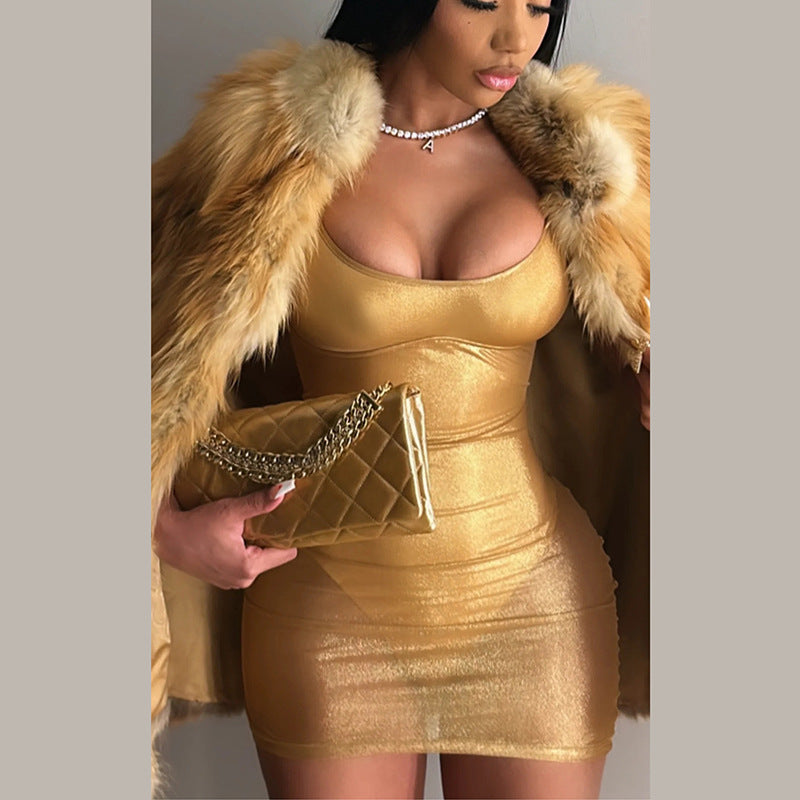 Spring Summer women's sexy see-through high waist slim solid color strap dress 3