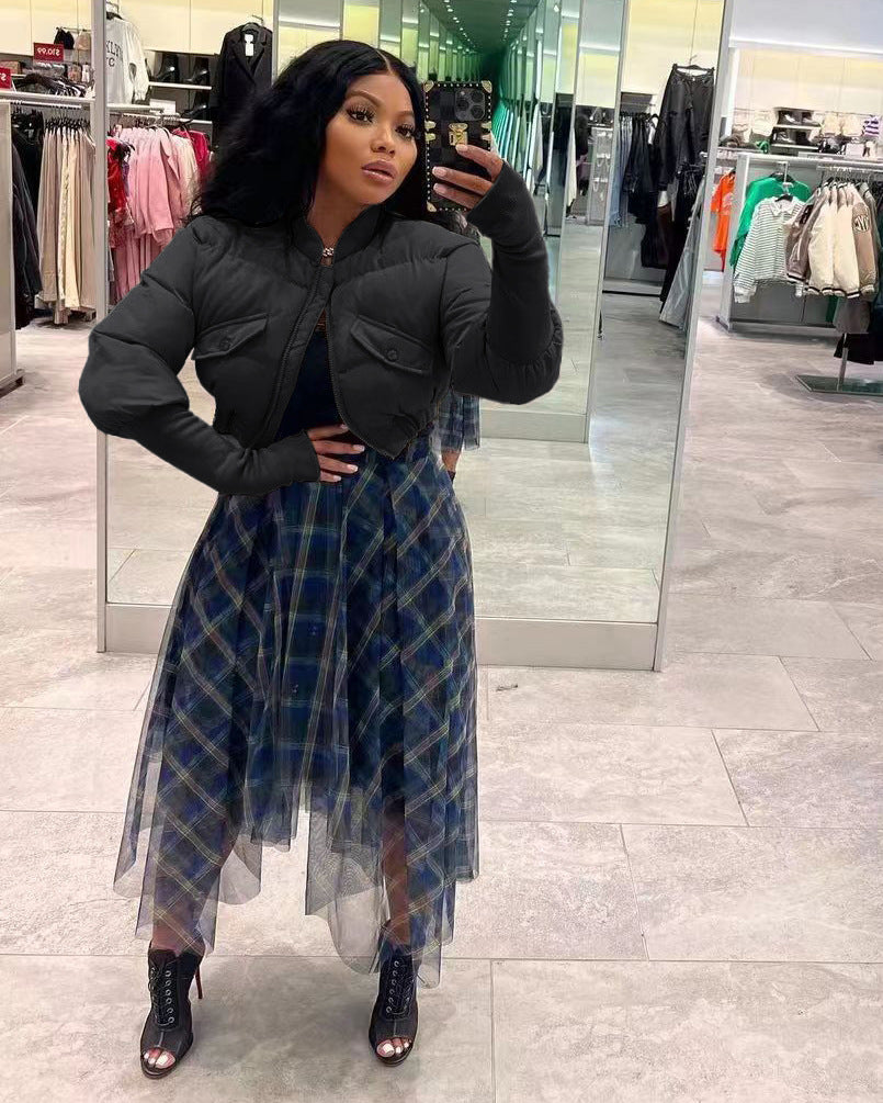 Women Winter Stand Collar Crop Padded Jacket 3