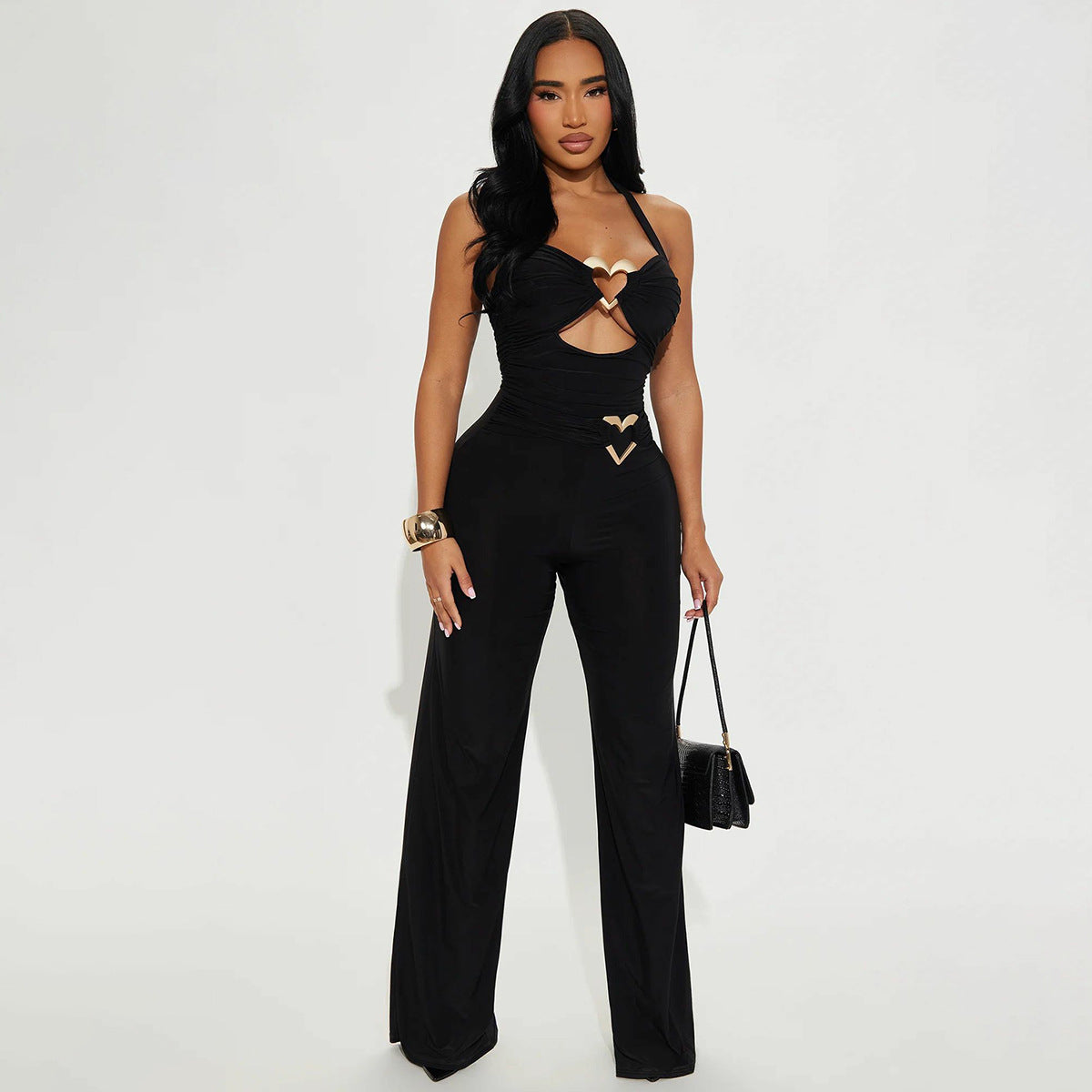 Women Summer Sexy Metal Button Hollow Sexy Backless Halter Neck Jumpsuit 4