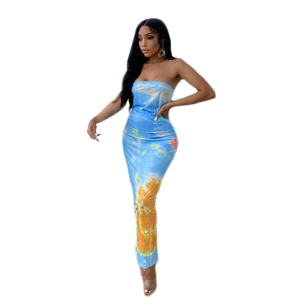 Summer Women's Sexy Printed Strapless Chic Tight Fitting Printed Long Dress 13