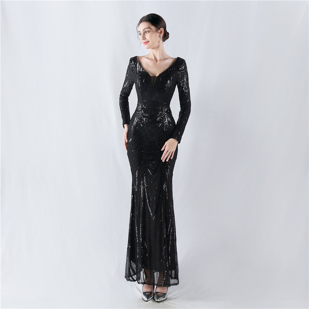 Women Positioning Flower Beaded Long Sleeve Evening Dress 16