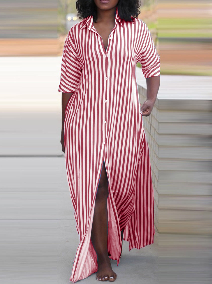 Women Summer Loose V-Neck Long Striped Shirt Dress 8