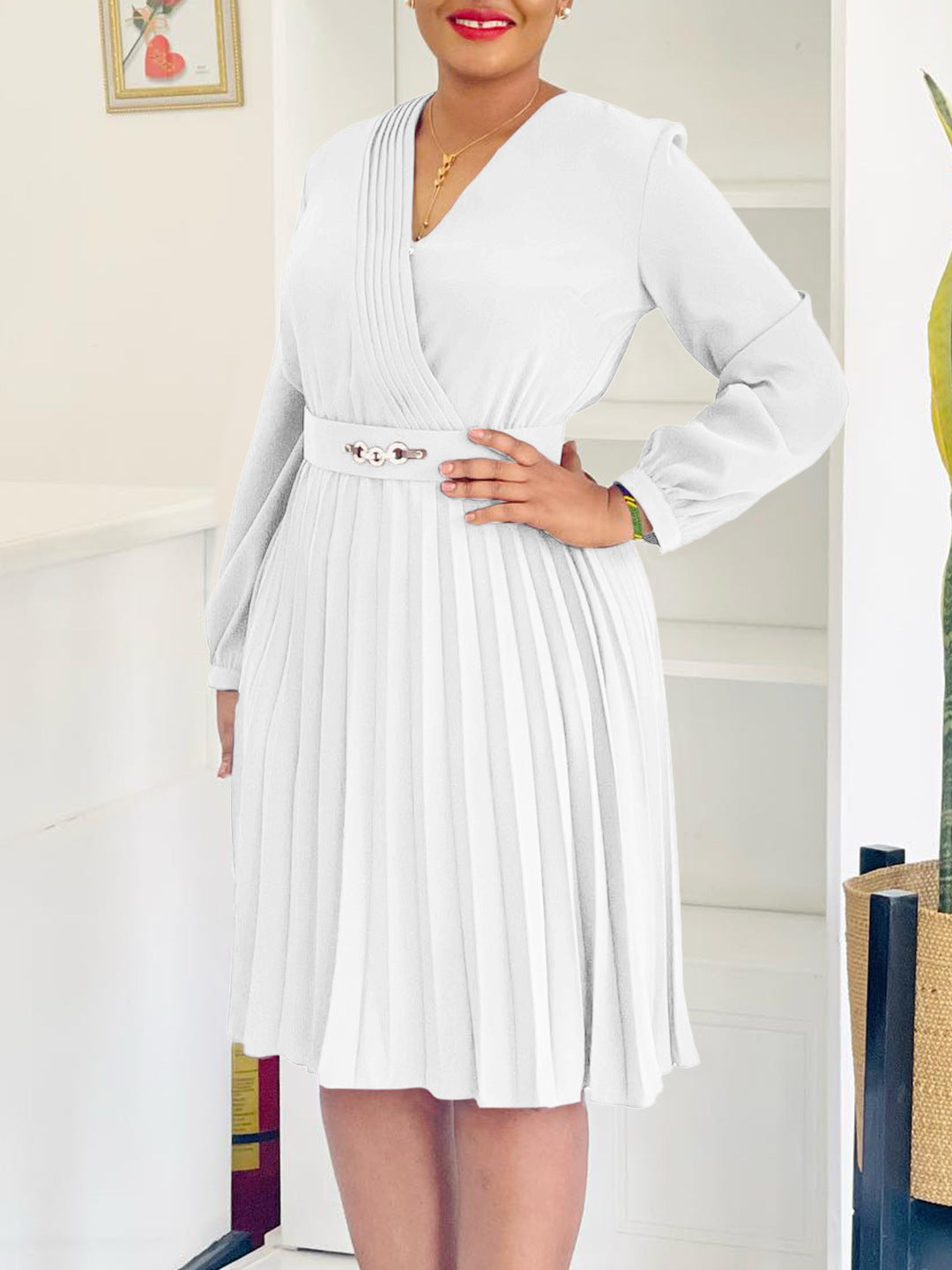 Women Spring V-Neck Pleated African Dress 7