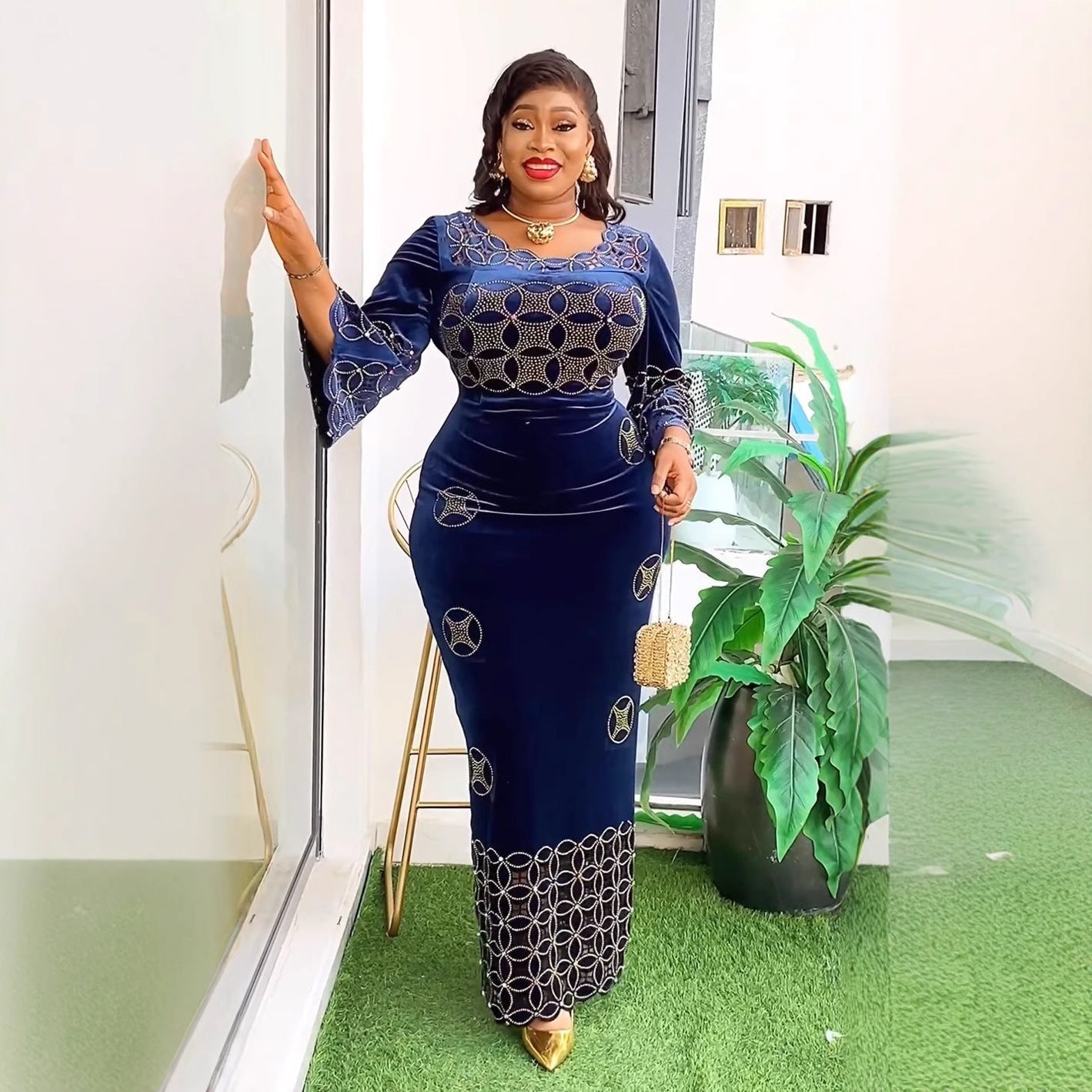 Fashion Beaded Slim Long Dress African Velvet Evening Dress 5