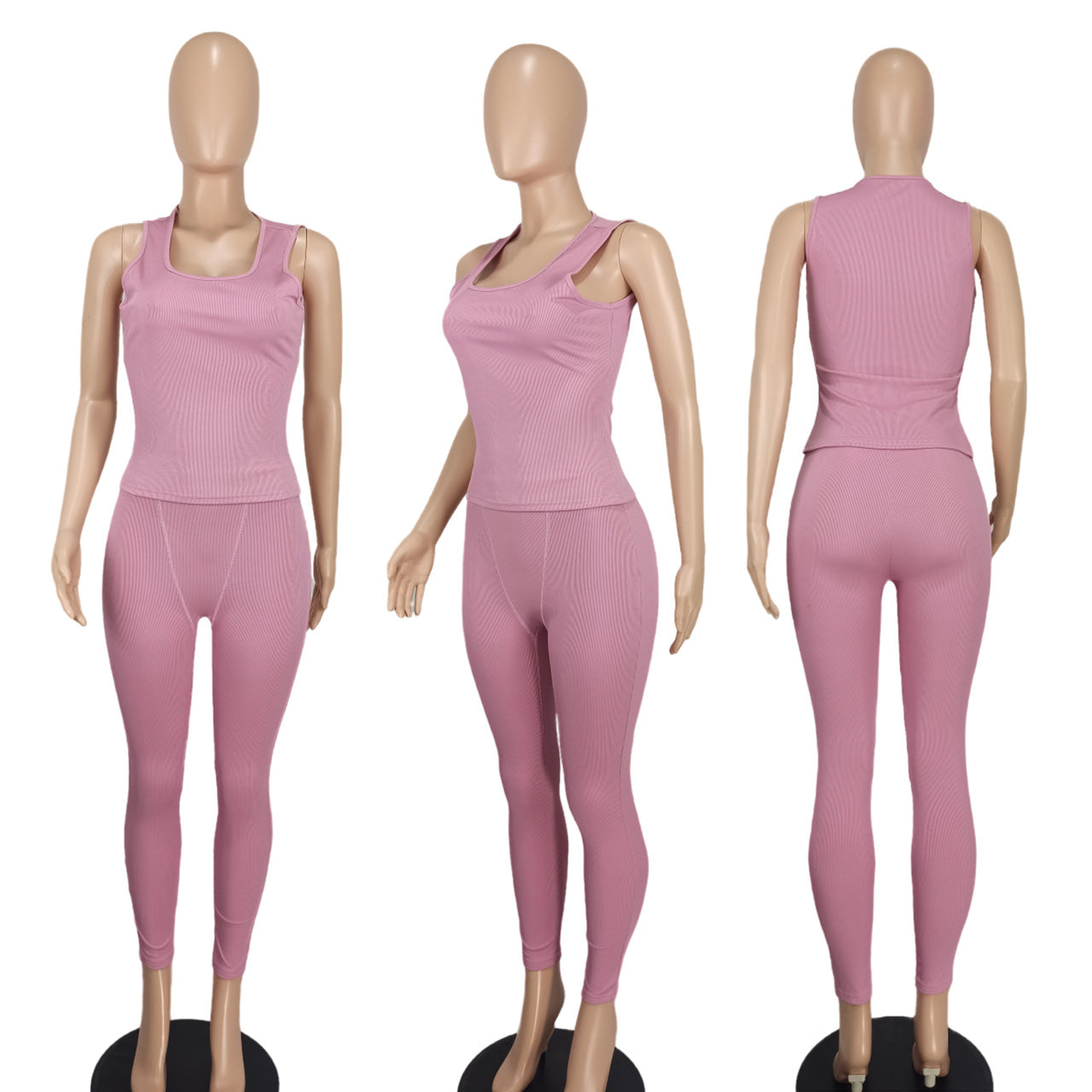 Women's Fashion Ribbed Solid Color Vest Tight Fitting Pants Two-Piece Set 15