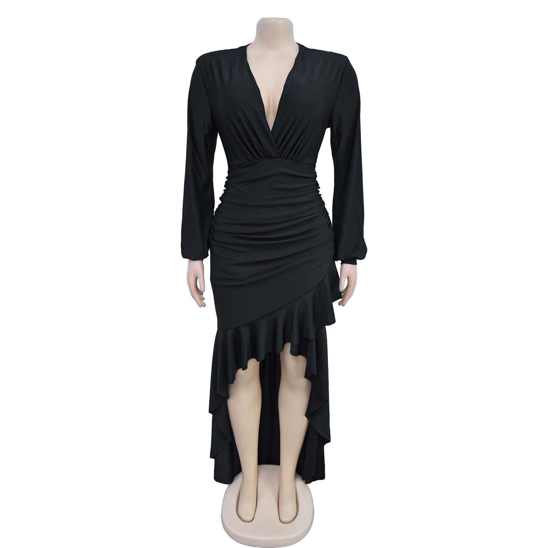 Women Elegant V-neck Slit Long Sleeve Solid Dress 9