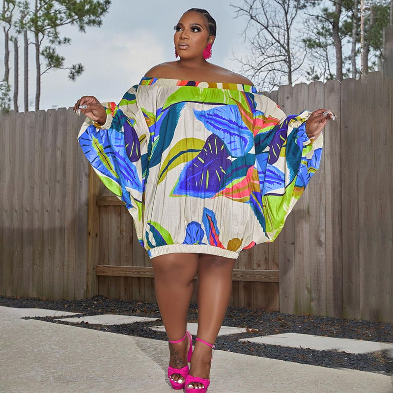 plus size off shoulder printed bat long sleeve loose dress 41