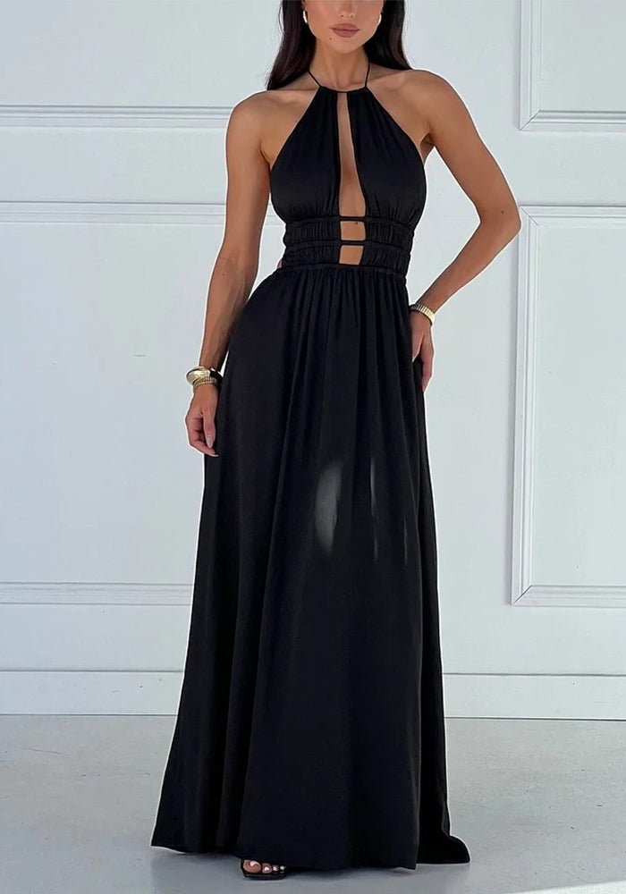 Women's Sexy Hollow Halter Off-Shoulder Pleated Maxi Dress