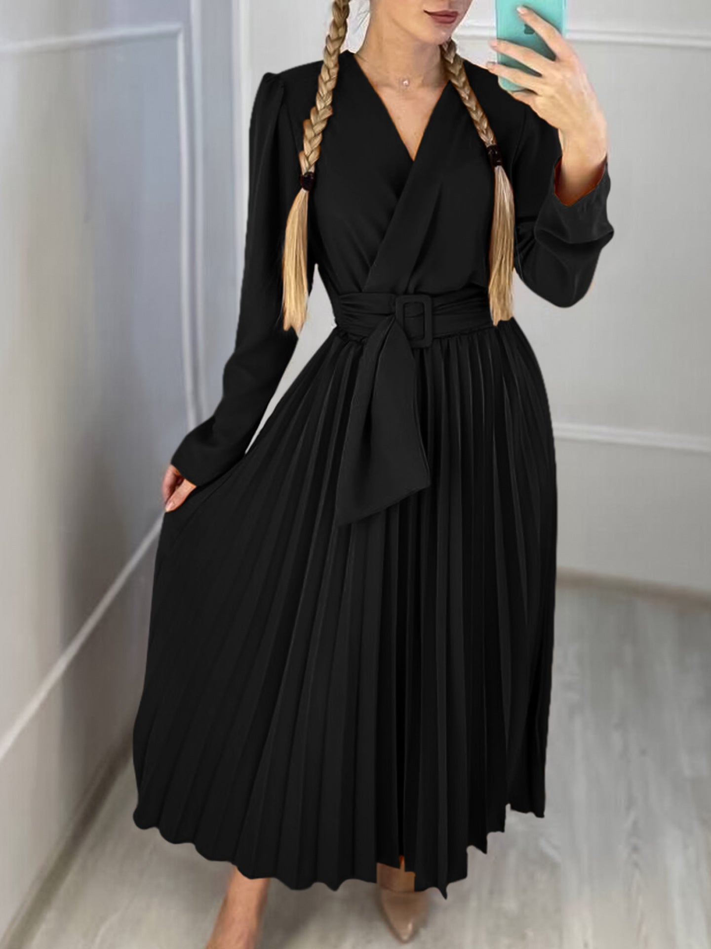 V-Neck Chic Elegant Slim Waist Belted Pleated High Waist Plus Size Dress 9