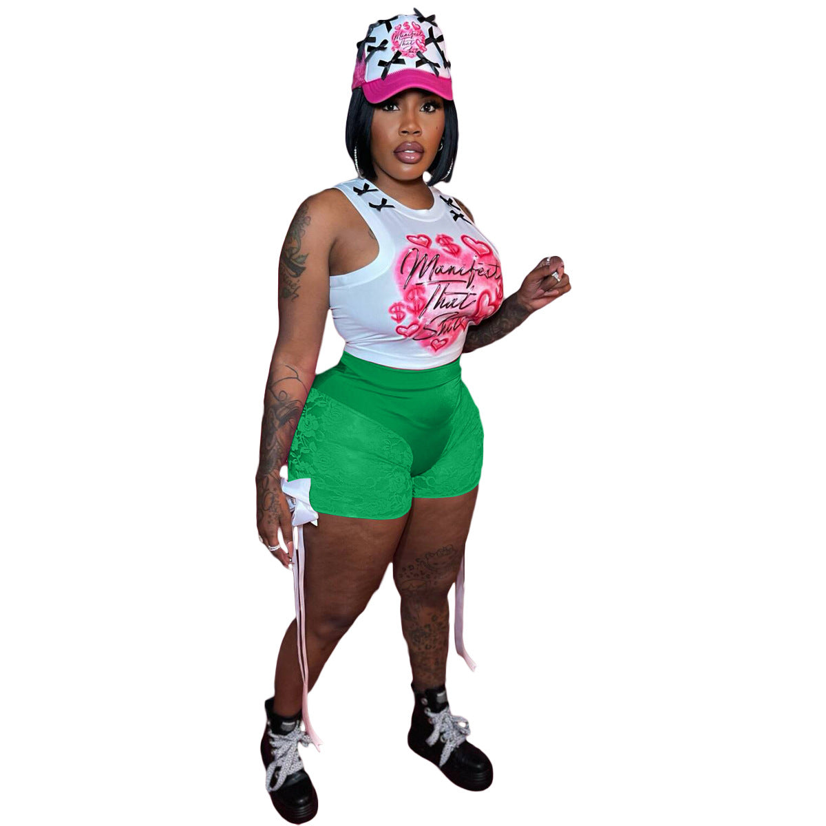 Women's sexy Lace See-Through bow shorts sleeveless vest two-piece set 17