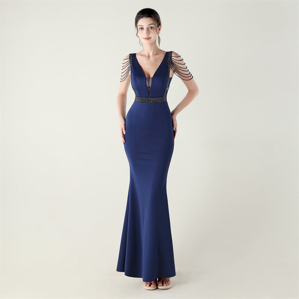 Deep V-Neck Beaded Slim Fit Formal Parties Weddings Evening Dress 12