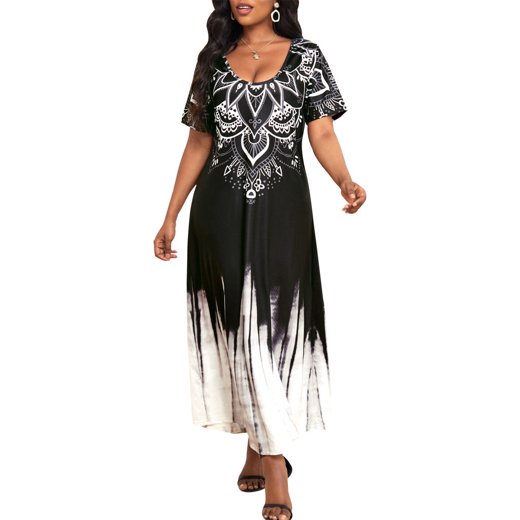 Sexy Fashion Printed U-Neck Short Sleeve Women's Long Dress 4