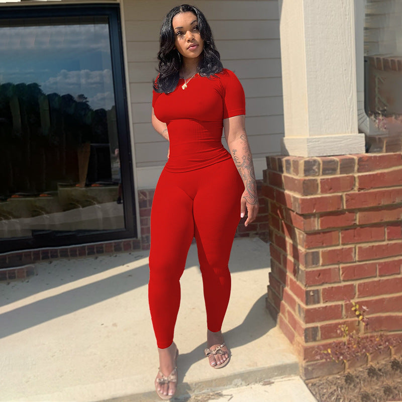 Plus Size Sports Two Piece Ribbed High Stretch Solid Color Suit Women 11