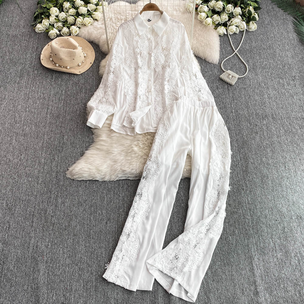 Women French Lace Patchwork Long Sleeve Shirt Wide Leg Pants Two Piece 6