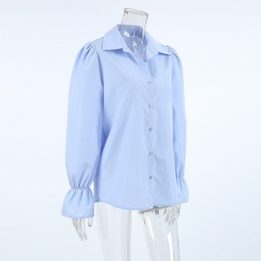 Women autumn and winter blue Turndown Collar Bell Bottom sleeve Shirts 10