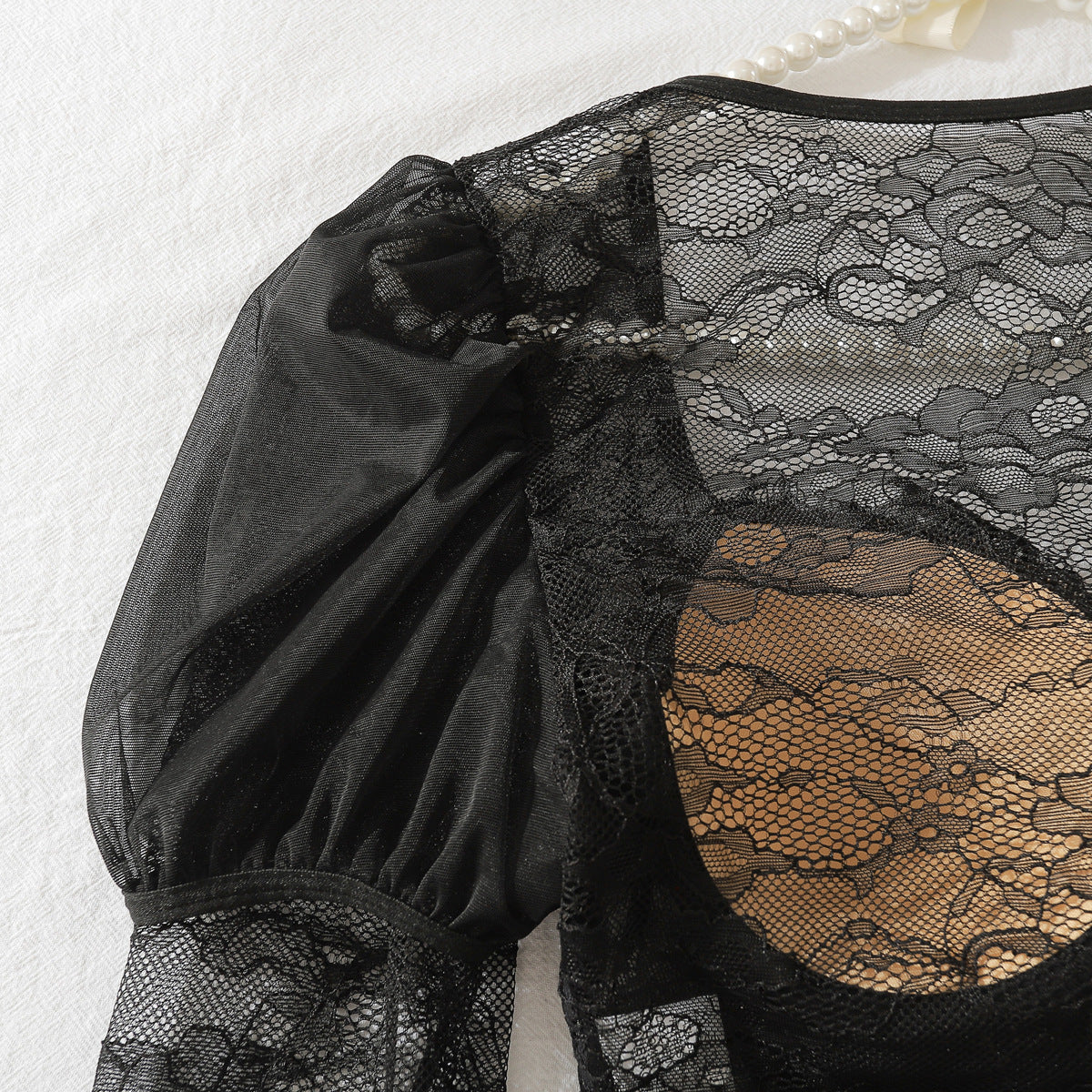 Long Sleeve Lace Teddy with Stockings Two Piece Lingerie 14